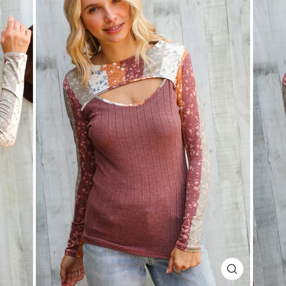 Patchwork Cutout Ribbed Long-Sleeve Top - Mauve